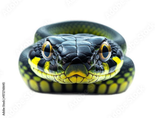 Black and yellow snake closeup with piercing eyes, coiled body, and glossy scales, exotic wildlife reptile portrait, venomous and fascinating creature isolated on transparent background photo