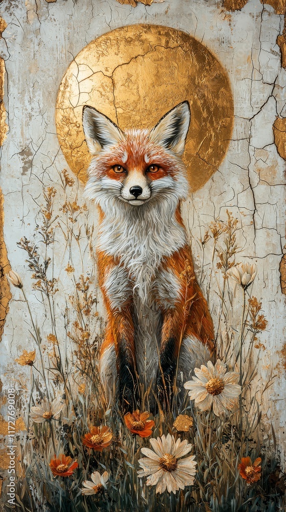 Fototapeta premium Majestic fox portrait nature scene digital artwork floral background artistic view wildlife concept