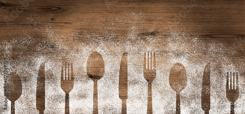 Flour spred on wooden table with cutlery shapes photo