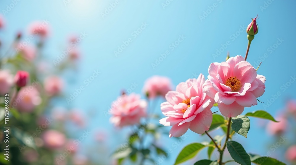 Obraz premium Pink Roses Blooming Vibrantly against a Clear Blue Sky on a Sunny Day.