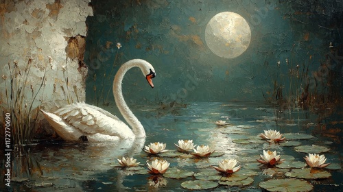 Fototapeta Naklejka Na Ścianę i Meble -  Serene swan swimming amidst water lilies under moonlight tranquil lake digital art night environment