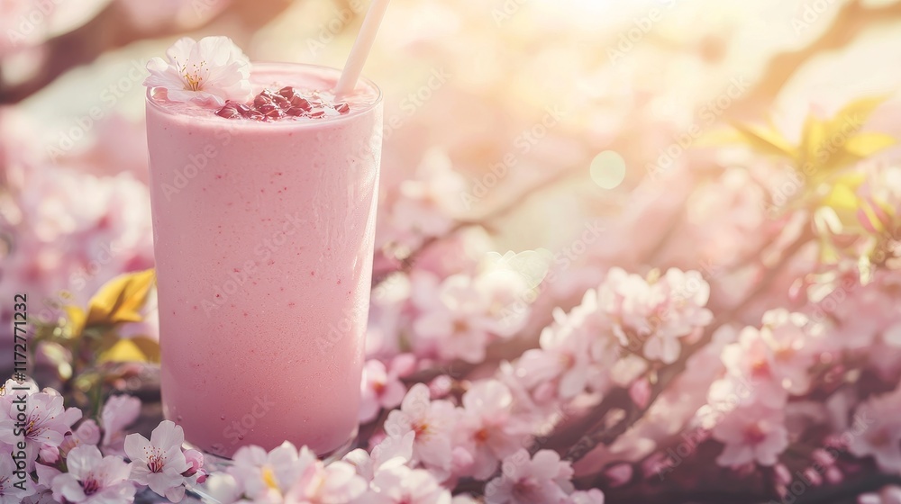 Vibrant Spring Smoothie with Blossoming Flowers and Sunlit Background Vibrant Spring Smoothie with Blossoming Flowers and Sunlit Background