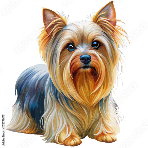 Yorkshire Terrier with silky fur in a full-body pose. Charming and elegant, showcasing the dog’s graceful features with clean lines and vibrant details. Perfect for pet-related designs, logos.