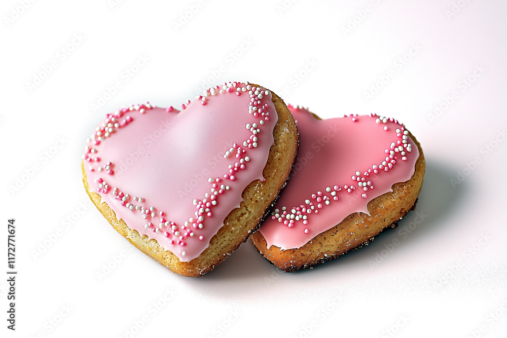 Two heart-shaped cookies decorated with pink icing and sprinkles, placed neatly, white background. Two heart-shaped cookies decorated with pink icing and sprinkles, placed neatly, white background.