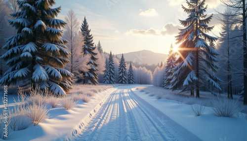 Winter Sunrise in Snowy Forest Landscape photo