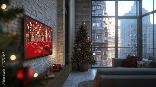 Wallpaper Mural Living space featuring a wall-mounted TV with chroma key display and red festive decorations for seasonal charm Torontodigital.ca