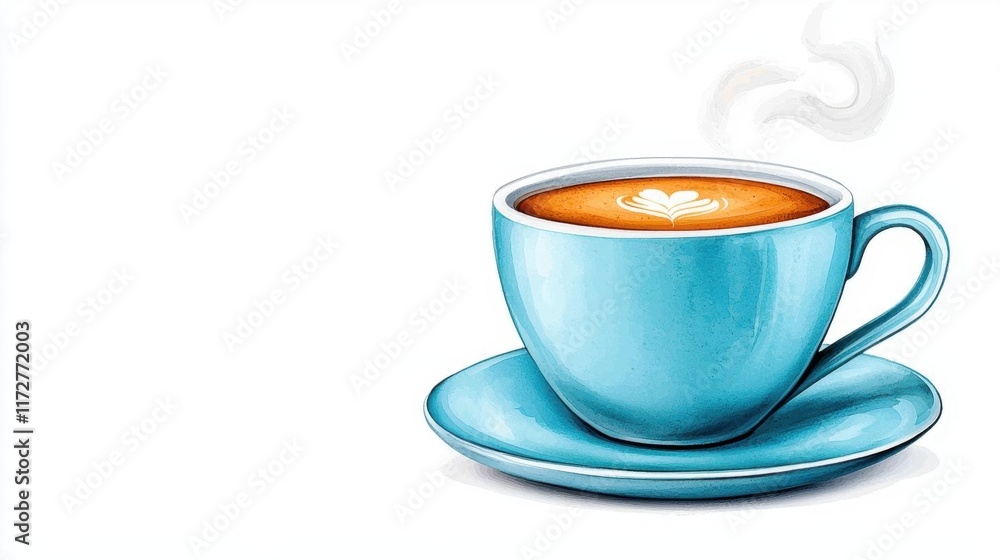 Fototapeta premium A watercolor illustration of a steaming cup of coffee with a swirl of cream. High Quality