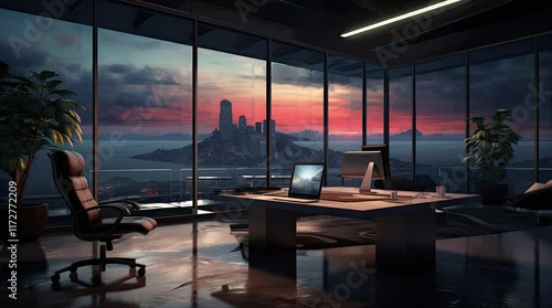 An office room with a view of city buildings. 4k animated video