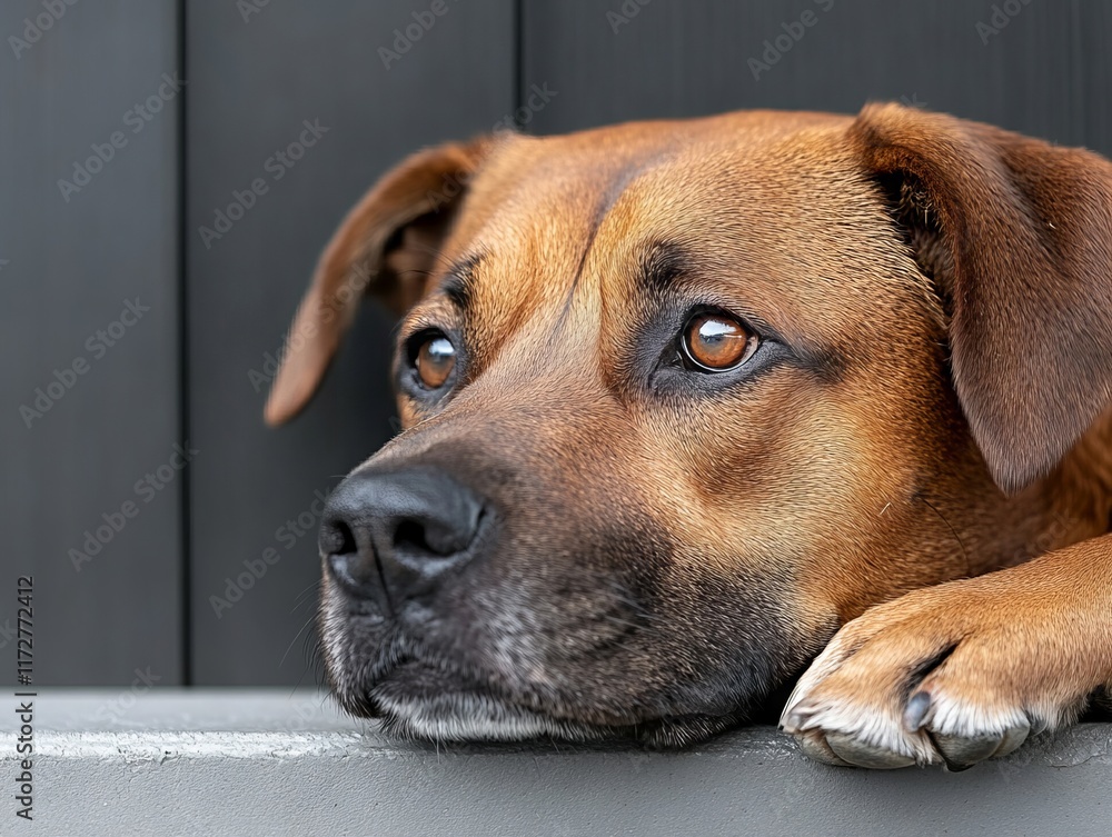 Obraz premium A brown dog laying on top of a gray bench