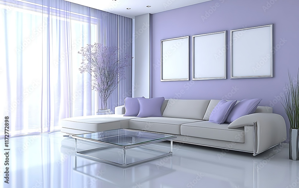 Fototapeta premium Modern living room interior design, light purple walls, large windows, comfortable sofa, glass coffee table.