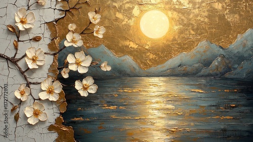 Golden sunset over serene lake with blossoming flowers peaceful landscape artistic painting