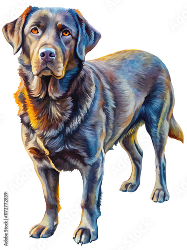 "Black Retriever with fluffy fur, shown in a full-body pose. The dog’s elegant coat and friendly expression make it perfect for pet illustrations, logos, or digital artwork