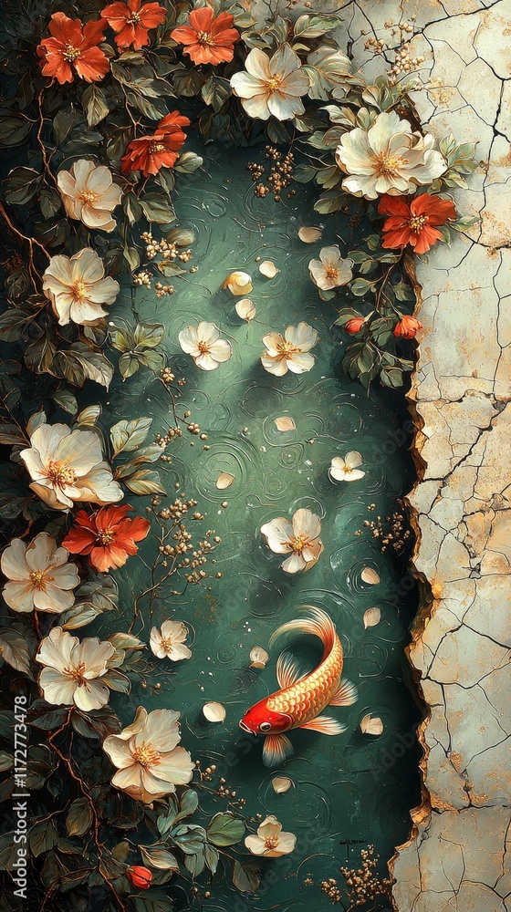 Tranquil koi fish swimming in floral pond serene garden digital art nature scene aesthetic view calmness Tranquil koi fish swimming in floral pond serene garden digital art nature scene aesthetic view calmness