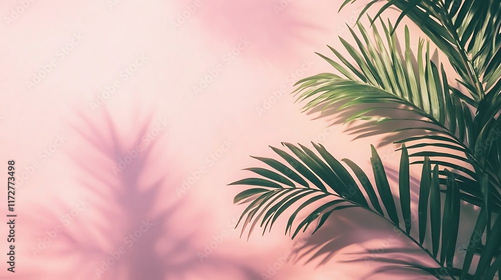 Fototapeta premium Pink Background Palm Fronds Cast Shadows