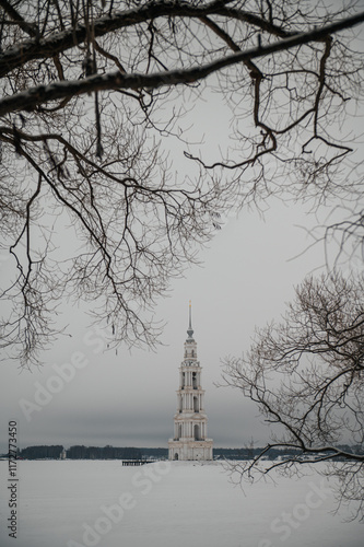 The bell tower of St. Nicholas Cathedral in Kalyazin in winter photo