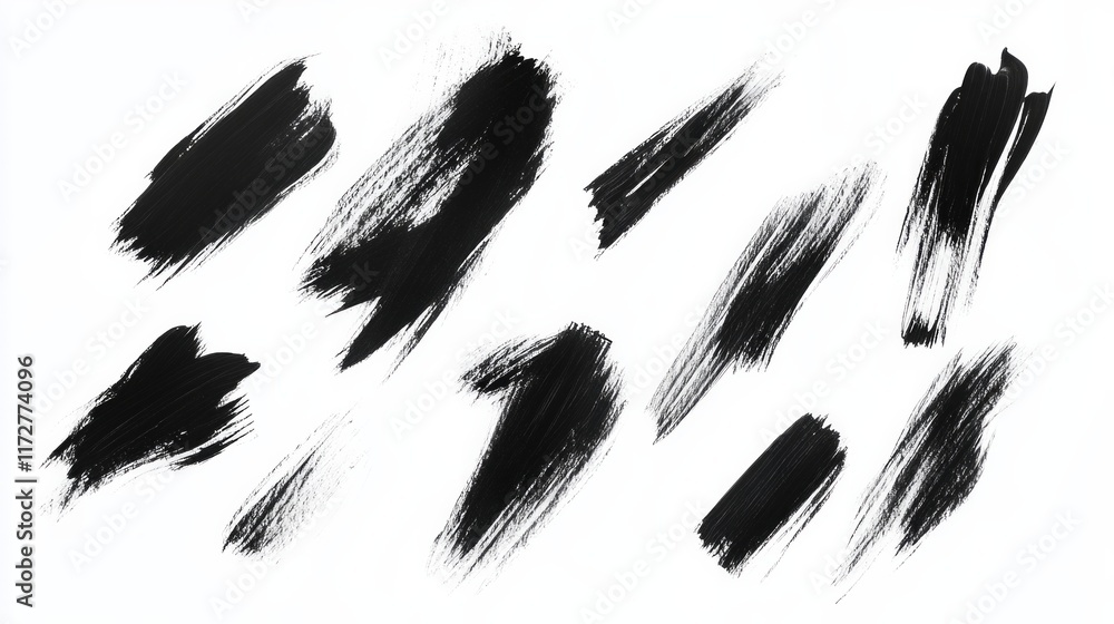 Black brush strokes of varying thickness and intensity are arranged across a white background, creating a striking abstract composition. the strokes exhibit dynamic movement and contrast, showcasing Black brush strokes of varying thickness and intensity are arranged across a white background, creating a striking abstract composition. the strokes exhibit dynamic movement and contrast, showcasing