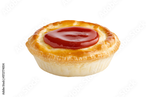 A meat pie with ketchup on top, front view, isolated cutout on transparent png background