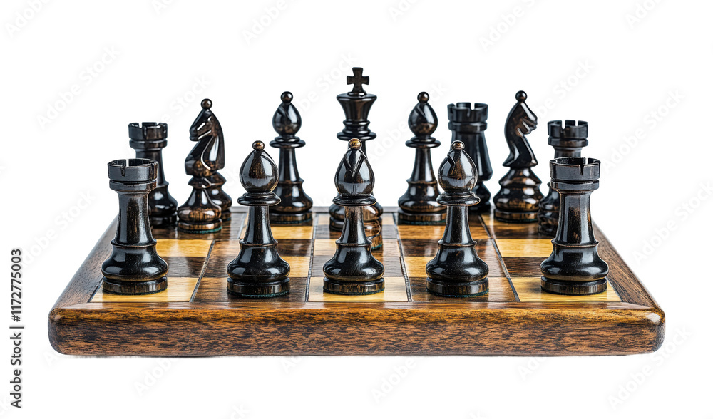 Wooden chess board with black and brown pieces in starting position, strategic game setup, classic design, and traditional gameplay theme isolated on transparent background Wooden chess board with black and brown pieces in starting position, strategic game setup, classic design, and traditional gameplay theme isolated on transparent background