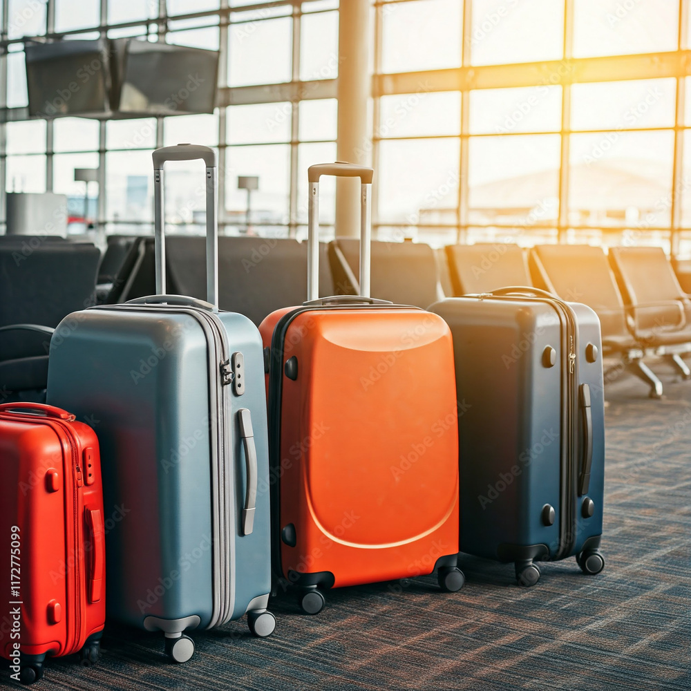 Fototapeta premium suitcases on the airport. In bustling airport waiting area on a sunny summer morning vibrant array of travel luggage bags.