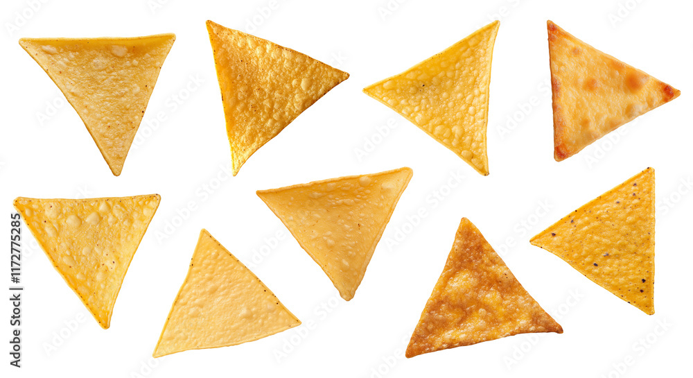 Set of different individual tortilla chips, flat lay isolated against a transparent background Set of different individual tortilla chips, flat lay isolated against a transparent background