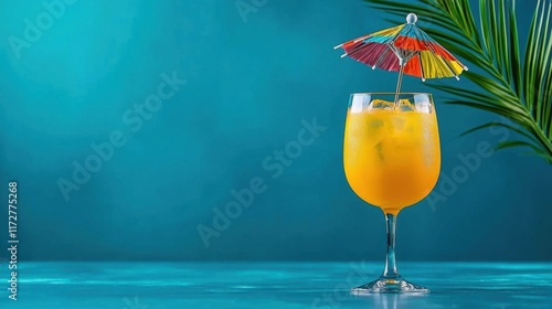 An arctic expedition featuring a tropical cocktail with a colorful umbrella. High Quality photo