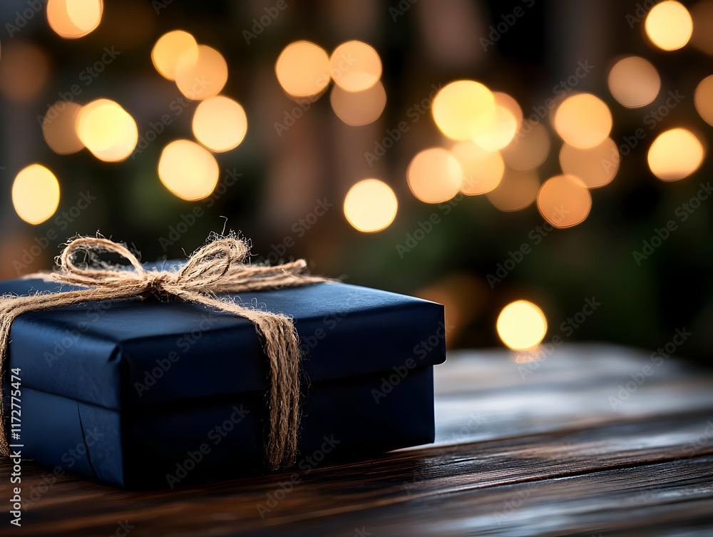 Navy gift box with twine bow on rustic wood, bokeh lights background; ideal for holiday, celebration, or gifting