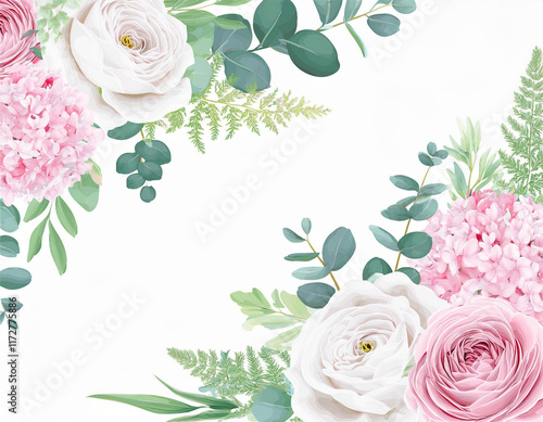 Blush pink garden roses, anemone, ranunculus, hydrangea flowers vector design bouquet. Wedding floral greenery. Mint, pink, beige, green tones. Watercolor flowers. Summer style. Elements are isolated photo