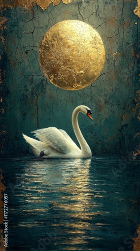 Majestic swan gliding under a golden moon tranquil lake digital art serene atmosphere artistic perspective