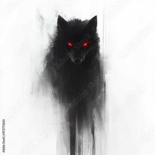 A dark wolf with vivid, glowing red eyes emerges through an abstract mist, blending dark and light contrasts. the dynamic composition and ethereal brushstrokes create a powerful and haunting portrayal photo