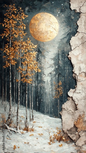 Enchanting winter moonlit forest scene snowy landscape digital artwork serene atmosphere aesthetic perspective