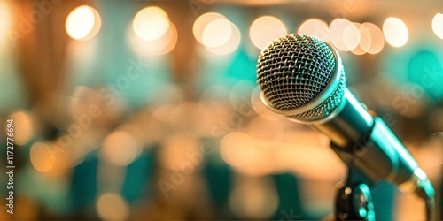 Classic Microphone on Vibrant Bokeh Stage with Warm Lights for Music and Podcast Themes