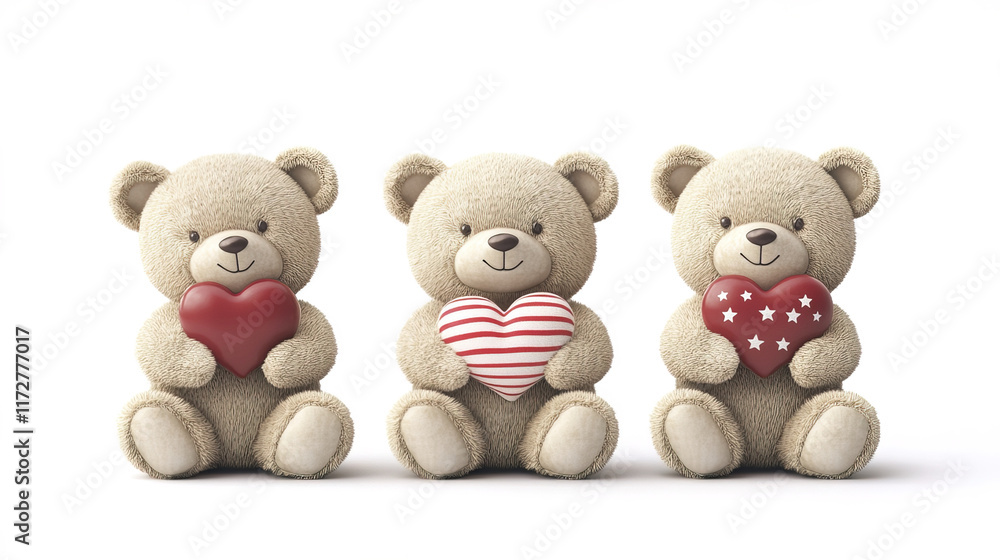 Charming teddy bear trio holding red hearts, perfect for love Charming teddy bear trio holding red hearts, perfect for love