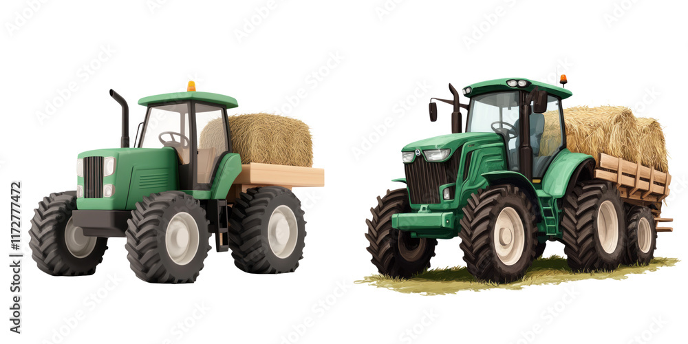 Obraz premium Bright green tractors pulling hay carts in vibrant farm setting