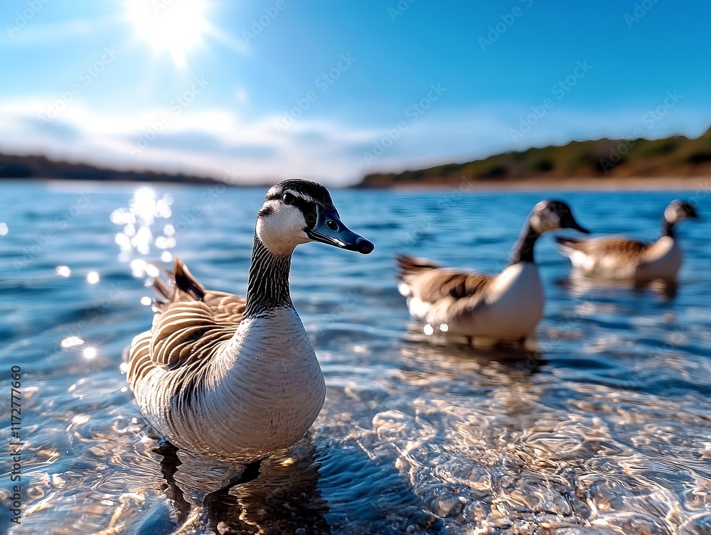 Fototapeta premium A group of geese swimming in a body of water