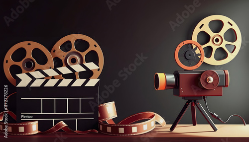 Wallpaper Mural Cinema concept of vintage film reels, clapperboard and projector, flat papercut style, with white tones Torontodigital.ca