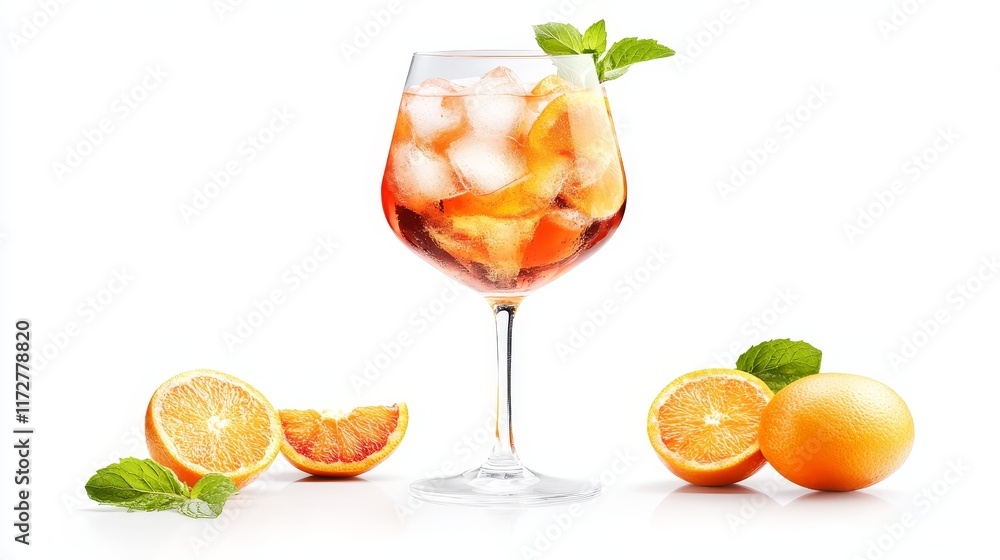 Fototapeta premium Classic Italian Spritz Cocktail with Orange Slices and Mint Garnish on White Background.