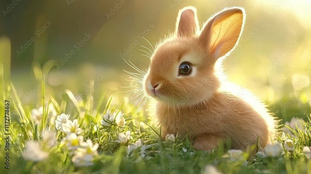 Curious brown bunny sitting in a blooming spring meadow surrounded by wildflowers Curious brown bunny sitting in a blooming spring meadow surrounded by wildflowers