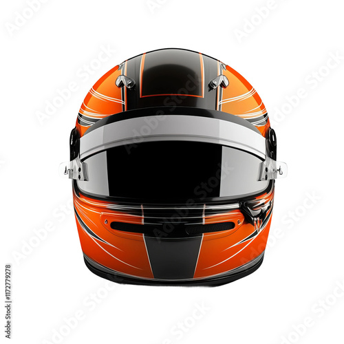 front view of realistic orange f1 helmet solid white background