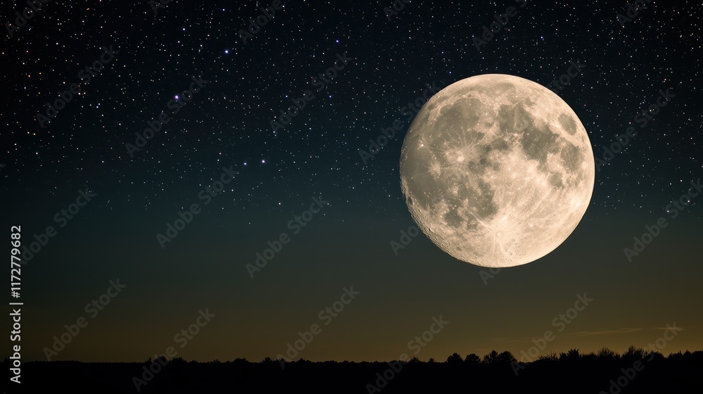 A large, luminous moon shines brightly in a starry night sky. A large, luminous moon shines brightly in a starry night sky.