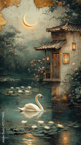 Serene swan gliding past tranquil house peaceful lake digital art nighttime artistic reflection photo