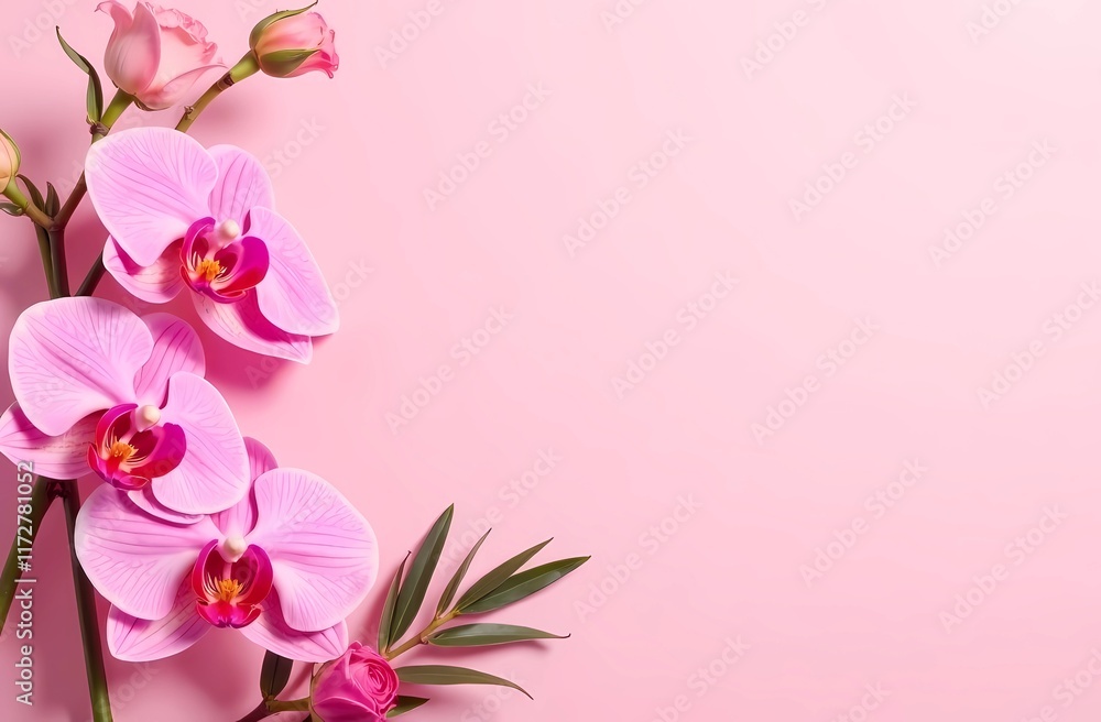 Naklejka premium Banner for International Women's Day. March 8 with floral design. Pink orchids, roses and fox palms. Stylish postcard