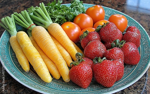 Fresh yellow carrots, red strawberries, and ripe tomatoes on a plate.