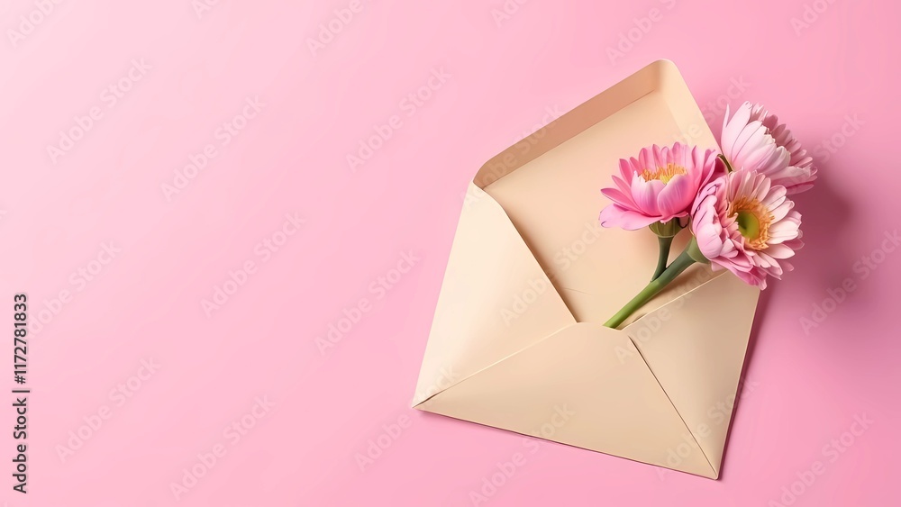 March 8, women's day. Letter for march 8 with flowers in envelope on pink background. Money box, top view March 8, women's day. Letter for march 8 with flowers in envelope on pink background. Money box, top view