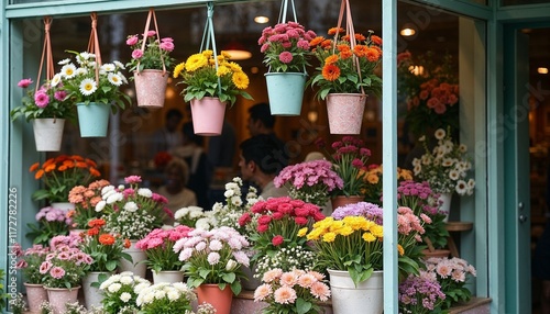 Charming flower shop window display with hanging and potted flowers