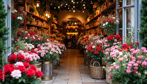 Charming flower shop entrance filled with beautiful roses and blooms