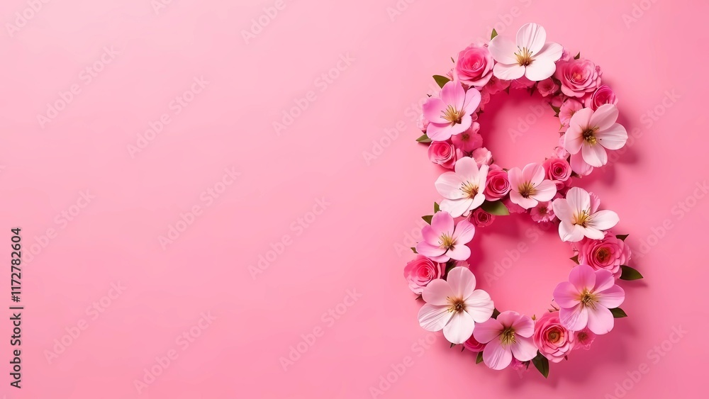 8 March. International Women's Day. Floral number 8, pink background 8 March. International Women's Day. Floral number 8, pink background