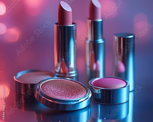 Pink and peach makeup products on reflective surface. photo