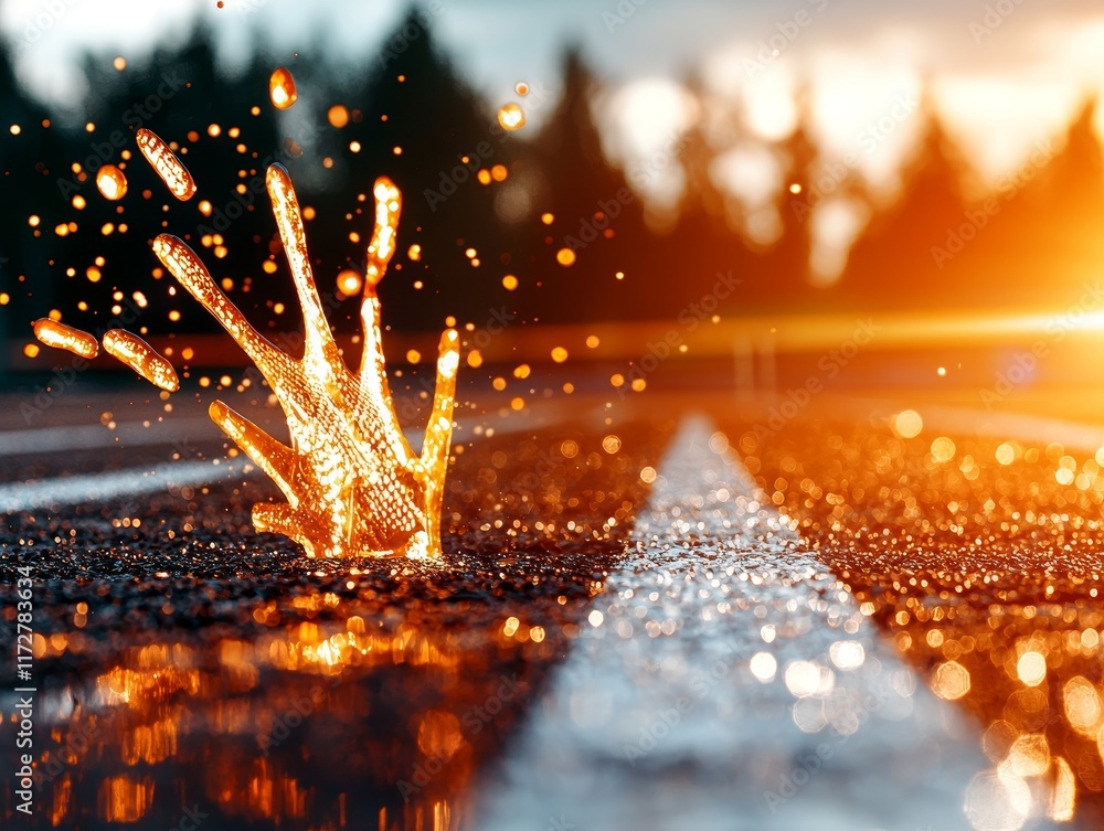 Naklejka premium Golden Hour Liquid Splash on Asphalt Road Dramatic Sunset Backdrop