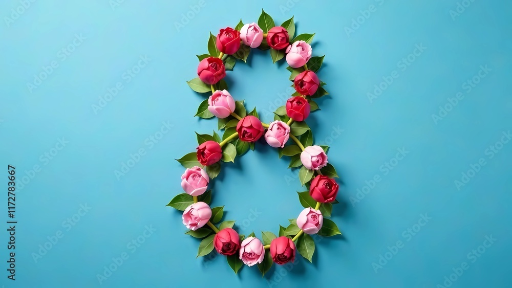 March 8, Women's Day. Large number eight with spring flowers and leaves on blue background March 8, Women's Day. Large number eight with spring flowers and leaves on blue background