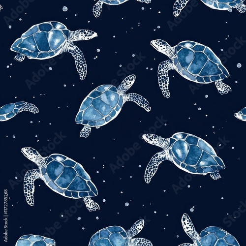 Seamless blue sea turtles pattern on a dark background photo